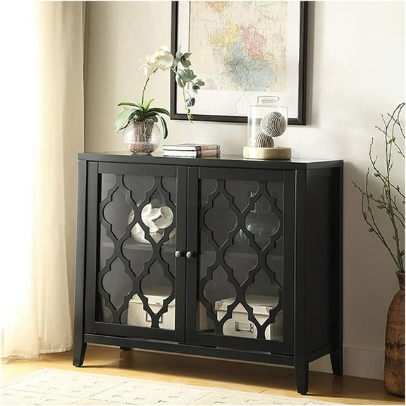 JERFIT Modern Black Console Table with Glass Door & Interior Shelf, Classic Sofa Table for Entryway, Living Room, Hallway