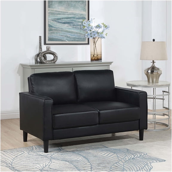 JERFIT Modern Black Faux Leather Loveseat Sofa with Track Arms and Tapered Feet for Living Room