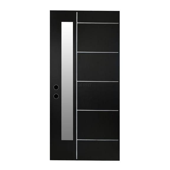 JERFIT Modern Black Fiberglass Front Entry Slab with Frosted Glass, 36 Inch by 80 Inch Right Hand Inswing Style