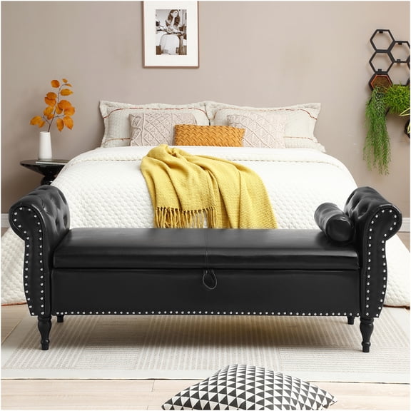 JERFIT Modern Black PU Storage Ottoman Bench with Lift Top Lid and Pillow for Bedroom, Living Room, Entryway