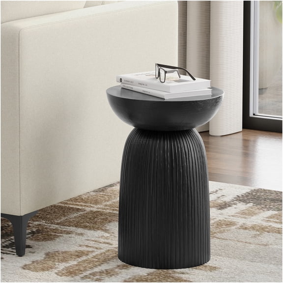 JERFIT Modern Black Solid Wood Accent Table, 13 inch Linear Design Nightstand or End Table for Living Room, Bedroom