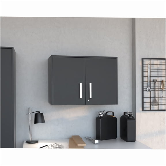 JERFIT Modern Black Storage Cabinet with Double Doors & 3 Adjustable Shelves, Wall Mounted Engineered Wood Locker for Kitchen, Bathroom, Entryway