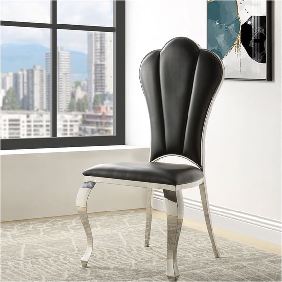 JERFIT Modern Black Upholstered Side Chairs Set of 2, Faux Leather Dining Chairs with Button Tufted Back and Stainless Steel Legs for Kitchen, Dining Room