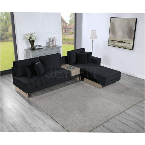 JERFIT Modern Black Velvet Reversible Sectional Sofa with Storage Ottoman, USB Charging, Modular Design for Living Room
