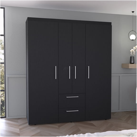 JERFIT Modern Black Wardrobe Closet with Hanging Rod, Shelves & 2 Drawers, Freestanding Storage Cabinet for Bedroom