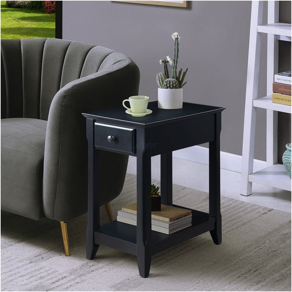 JERFIT Modern Black Wood Accent Table with Drawer & Bottom Shelf, Compact End Table for Small Spaces, Apartment Bedroom Dorm Living Room