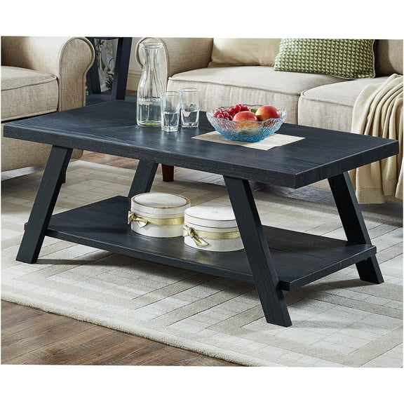 JERFIT Modern Black Wood Coffee Table with Bottom Shelf, 48" Console Table for Living Room, Sofa Table with Wide-Angle Legs