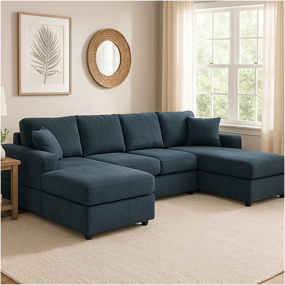 JERFIT Modern Blue Corduroy 4-Seat U-Shaped Sectional Sofa with Double Chaise and Removable Covers