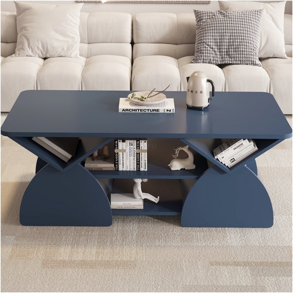 JERFIT Modern Blue Geometric Coffee Table with Storage Shelves, Engineered Wood Rectangular Center Table for Living Room, Easy Assembly