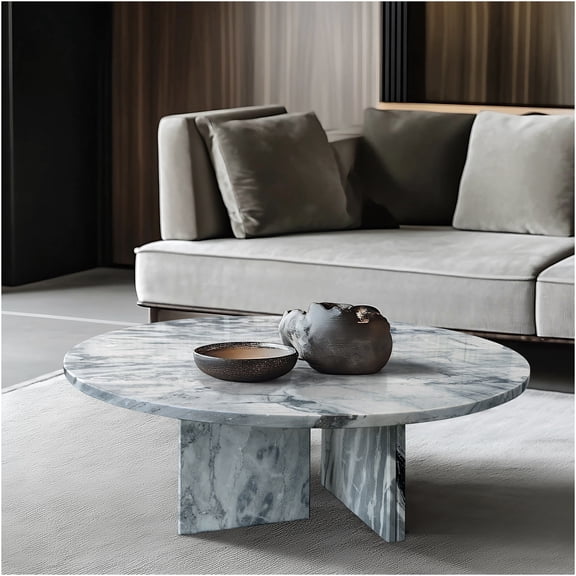 JERFIT Modern Blue Gray Marble Coffee Table with Metal Base, Natural Stone Living Room Accent Table, 27.6 Inch Round Designer Center Table for Small Spaces