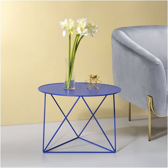 JERFIT Modern Blue Metal Accent Table with Round Top & Triangle Legs, Small Side End Table for Living Room, Office, Bedroom
