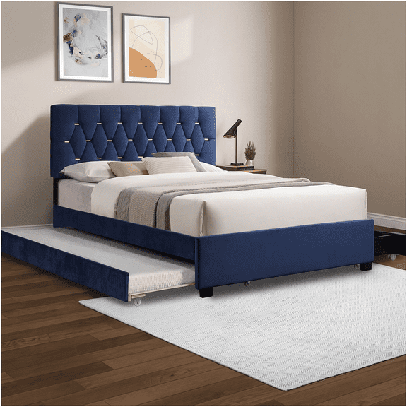 JERFIT Modern Blue Velvet Queen Bed Frame with Twin Trundle and Storage Drawers, Space Saving Platform Bed with Upholstered Headboard