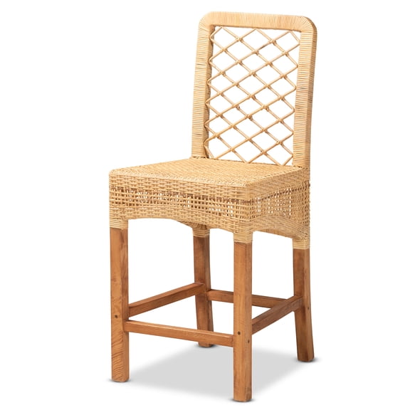 JERFIT Modern Boho Kitchen Counter Stool, Brown Rattan and Mahogany Wood Bar Stool with Footrest, Fully Assembled