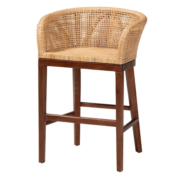 JERFIT Modern Boho Rattan Counter Stool, Brown Acacia Wood Bar Stool with Footrest, Fully Assembled Kitchen Island Stool