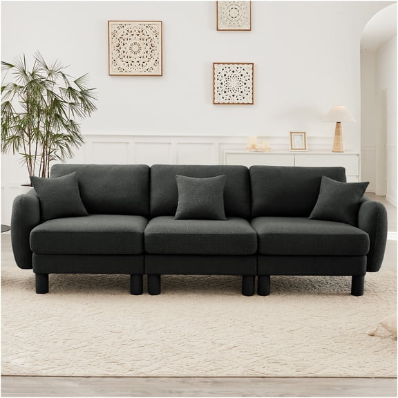 JERFIT Modern Boucle Fabric Sofa 3 Seater Couch with Shell Shaped Armrests, Dark Gray Polyester Upholstery for Living Room