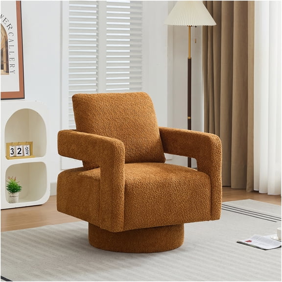 JERFIT Modern Boucle Swivel Accent Chair, 360 Rotating Lounge Chair with Removable Cushion, Caramel Square Armchair for Living Room, Bedroom