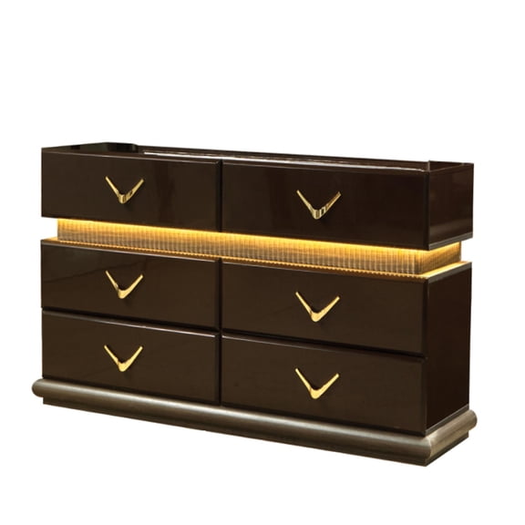 JERFIT Modern Brown 6-Drawer LED Dresser with Wood Frame, V-Shape Handles for Bedroom Storage