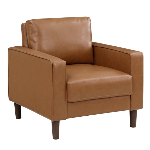 JERFIT Modern Brown Faux Leather Accent Chair with Cushioned Seat, Solid Wood Frame for Living Room, Farmhouse, Industrial Decor