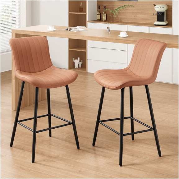 JERFIT Modern Brown Faux Leather Counter Stools Set of 2, Mid Century Metal Leg Bar Stools for Kitchen Island, Dining Room, Waterproof PU