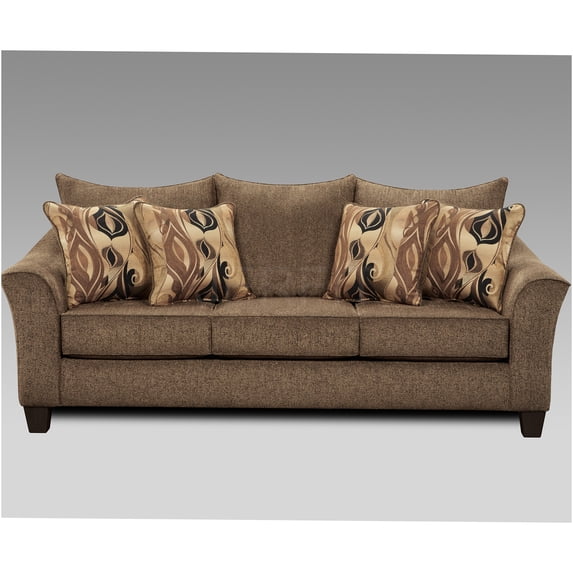 JERFIT Modern Brown Polyester Sofa for Living Room, 3-Seater Pillow Back Couch with Rolled Arms and Accent Pillows