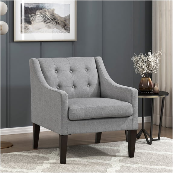 JERFIT Modern Button Tufted Accent Chair with Wood Legs, Gray Polyester Fabric Upholstered Armchair for Living Room, Bedroom