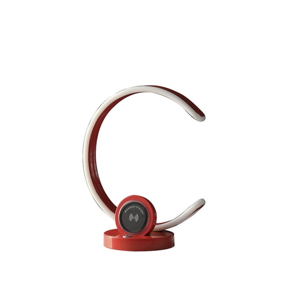 JERFIT Modern C-Shape LED Table Lamp with Wireless Charger, USB Port, Touch Dimmer, Bright Red Metal Finish