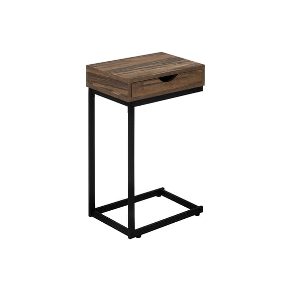 JERFIT Modern C-Shaped End Table with Storage Drawer, Sofa Sliding Design, Brown Wood Laminate Top, Black Metal Frame for Living Room, Bedroom, Snack Table