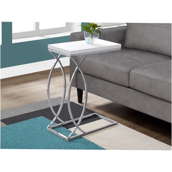 JERFIT Modern C-Shaped End Table with Chrome Base, Glossy White Snack Table for Living Room, Sofa Side Table, Bedroom Accent Table