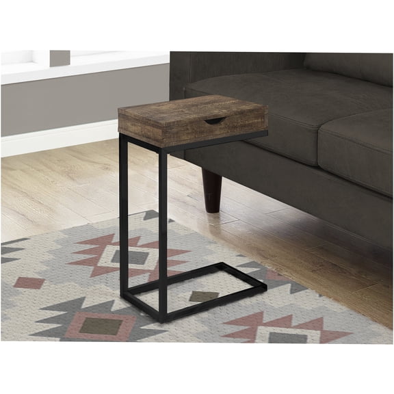 JERFIT Modern C-Shaped End Table with Drawer, Brown Laminate Snack Table for Living Room, Bedroom, Nightstand, Sofa Side Table with Black Metal Base
