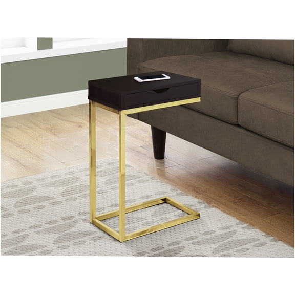 JERFIT Modern C-Shaped End Table with Drawer, Espresso & Gold Metal Snack Table for Living Room, Bedroom Accent Side Table