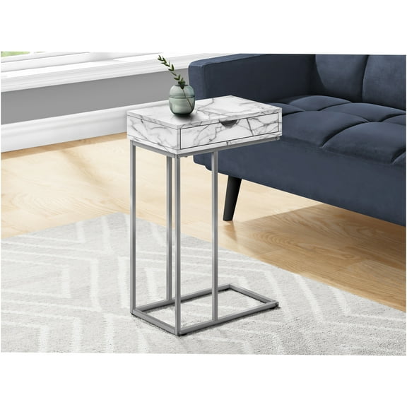 JERFIT Modern C-Shaped End Table with Drawer, White Marble Top & Silver Frame, Sofa-Side Snack Accent Table for Living Room Bedroom