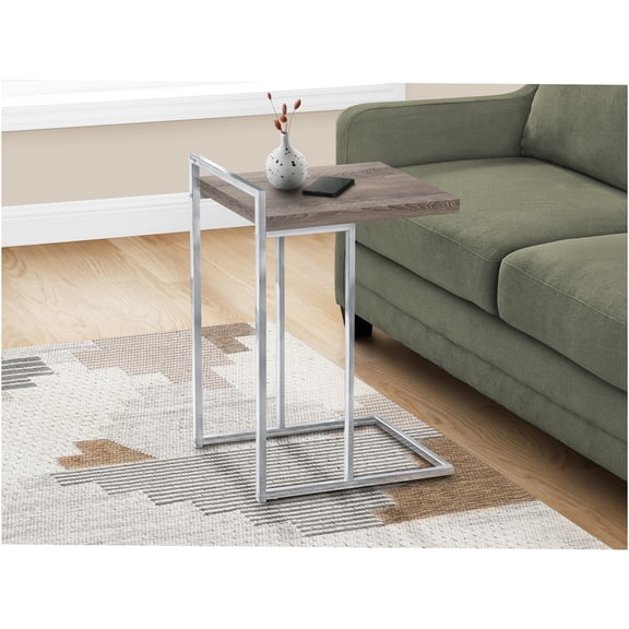 JERFIT Modern C-Shaped End Table with Handle, Taupe Laminate Snack Table for Living Room Bedroom, Sofa Sliding Design, Chrome Metal Base