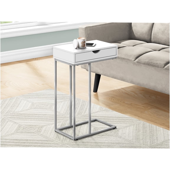 JERFIT Modern C-Shaped Sofa Side Table with Drawer, White Laminate Snack Accent Table for Living Room, Bedroom, Grey Metal Frame, Small Space Saving End Table