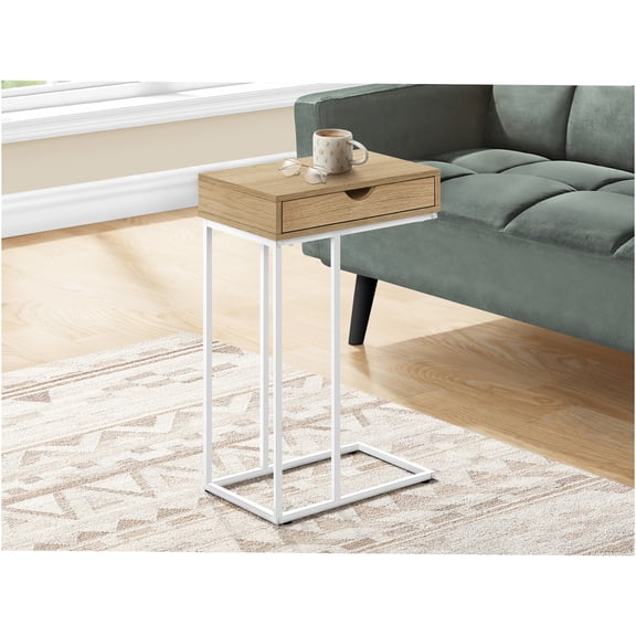 JERFIT Modern C-Shaped Sofa Side Table with Drawer, Natural Wood Laminate Top & White Metal Frame, End Table for Living Room, Bedroom