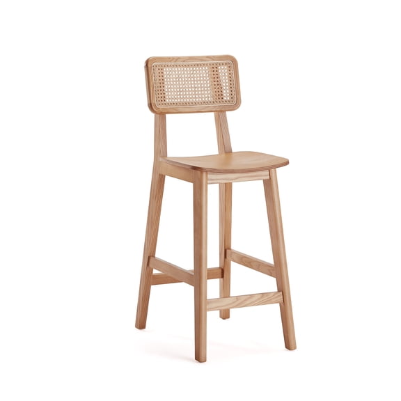 JERFIT Modern Cane Counter Stool 26" Bar Height Chair with Footrest, Solid Ash Wood Frame, Natural Rattan Weave, No Assembly Required