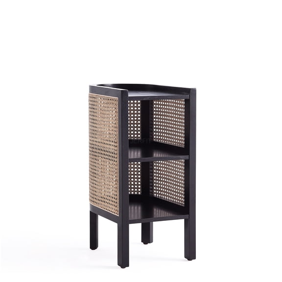 JERFIT Modern Cane End Table with 2 Shelves, Solid Wood Nightstand for Living Room, Sofa Side Table, Black and Natural Finish