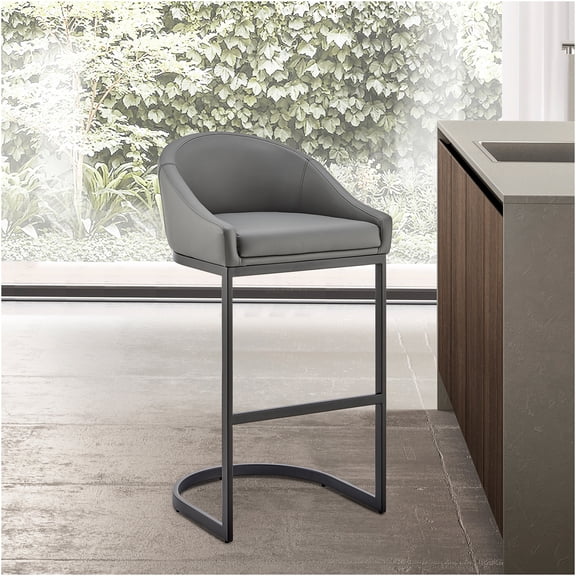 JERFIT Modern Cantilever Bar Stools for Kitchen Island, 24 Inch Seat Height, Gray Faux Leather Upholstery, 400lb Weight Capacity, Black Metal Frame, Set of 1