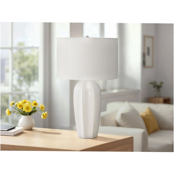 JERFIT Modern Ceramic Table Lamp with Linen Shade, 3-Way Rotary Switch for Bedroom Living Room Office Lighting, Cream