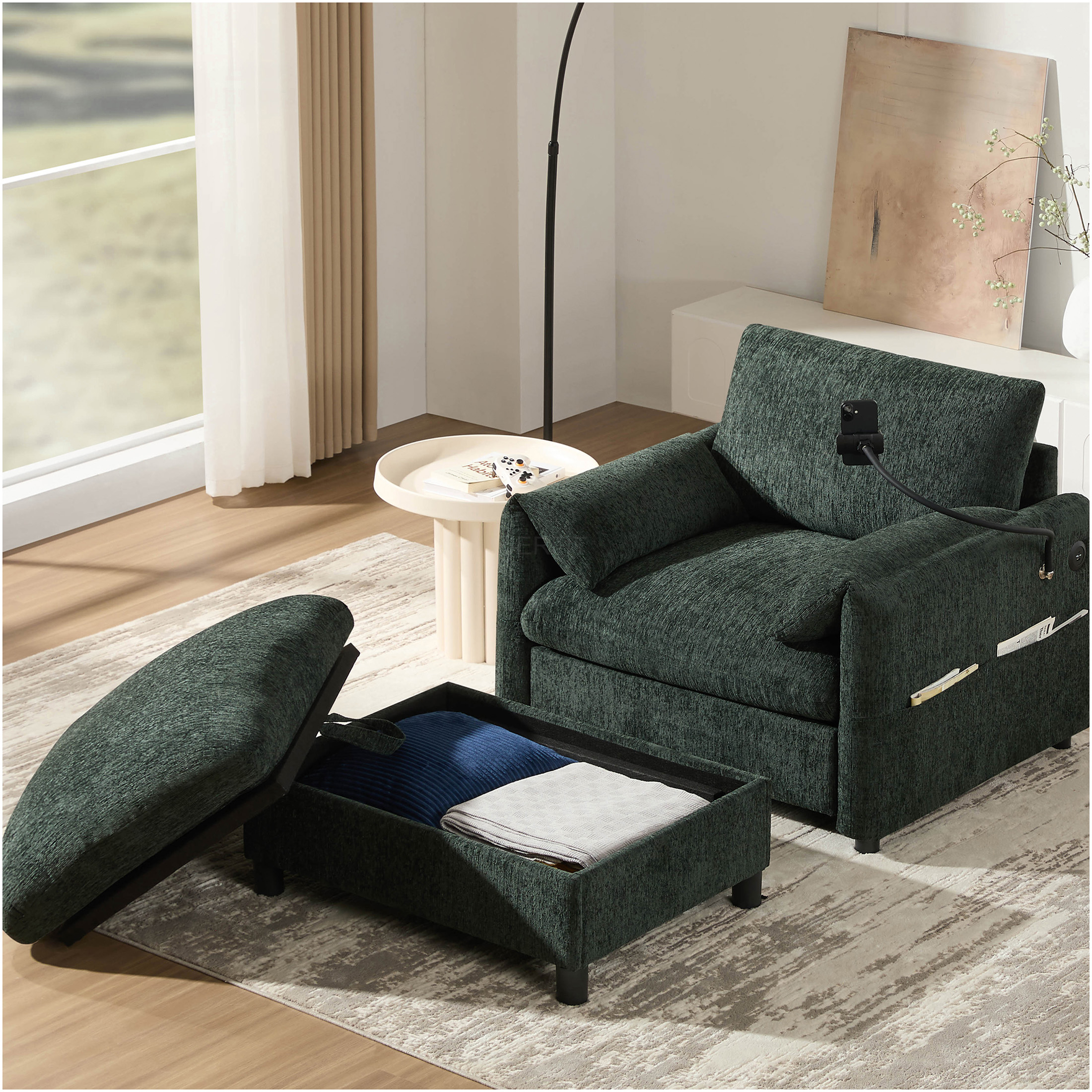 JERFIT Modern Chaise Lounge Chair with Storage Ottoman, USB & Type-C ...