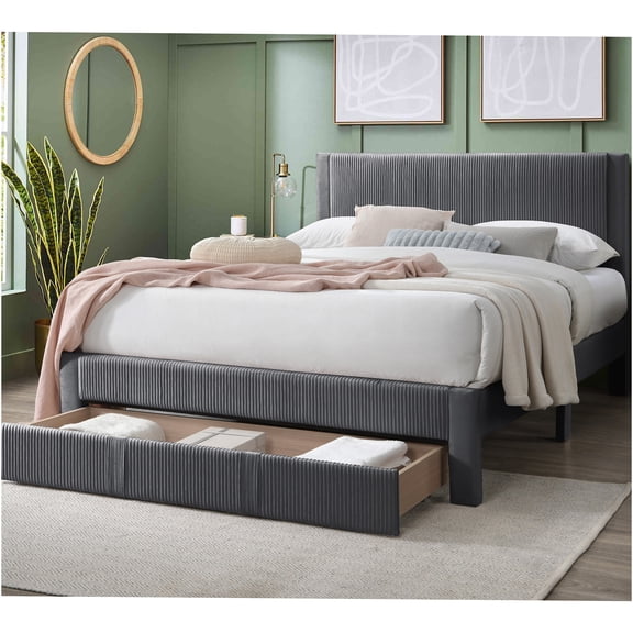 JERFIT Modern Charcoal Corduroy Queen Platform Bed with Storage Drawer Upholstered Headboard