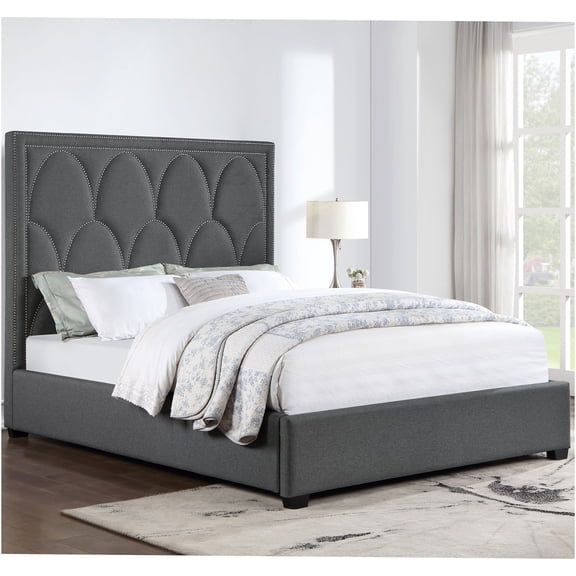JERFIT Modern Charcoal Upholstered Queen Size Bed with Nailhead Trim and Scalloped Stitch Headboard