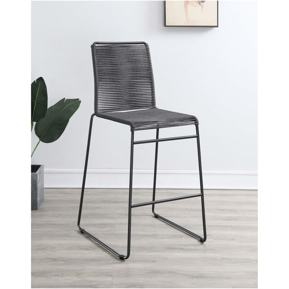 JERFIT Modern Charcoal Woven Rope Metal Bar Stools, Set of 2 for Kitchen Island, Dining Room & Counter Height Table, Sturdy Wood and Steel Frame, Rustic Industrial Sled Base Accent Chairs