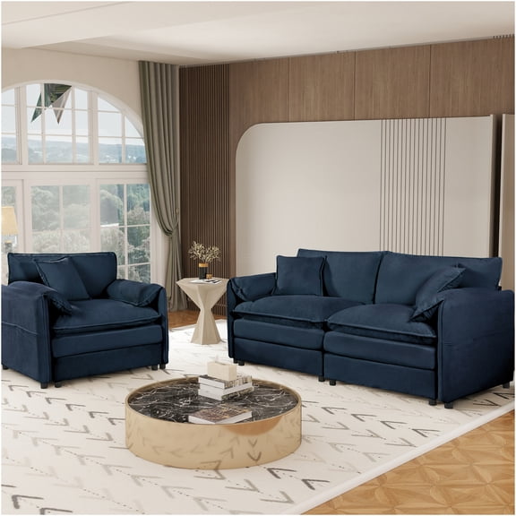 JERFIT Modern Chenille 2-Piece Loveseat Set with Pillows, Deep Seating Cloud Couch and Armchair for Living Room, Blue