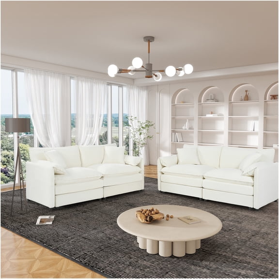 JERFIT Modern Chenille 2-Piece Loveseat Sofa Set with Pillows, Oversized Deep Seating Cloud Couch for Living Room, Beige