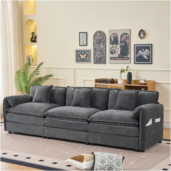 JERFIT Modern Chenille 3-Seater Modular Sofa, Oversized Cloud Couch with Deep Seating for Living Room, Grey