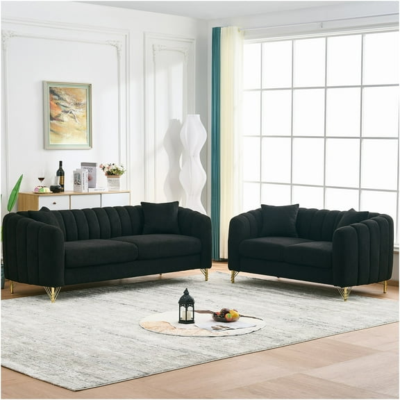 JERFIT Modern Chenille 5-Seater Sofa Set with Gold Metal Legs, Oversized Plush Couch for Living Room, Deep Tufted 3+2 Seater Sectional, Apartment Luxury Furniture (Black)