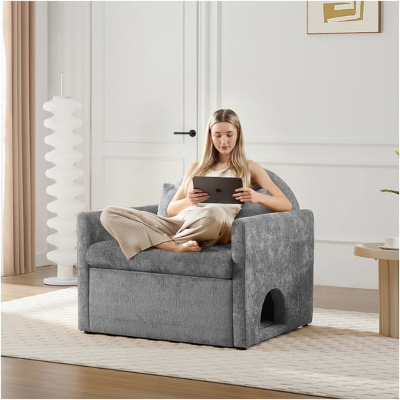 JERFIT Modern Chenille Accent Chair with Cat Hideout, Oversized Lounge Armchair for Living Room, Plush Sofa Chair in Gray
