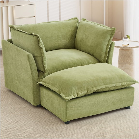 JERFIT Modern Chenille Accent Chair with Ottoman, Cozy Upholstered Armchair for Living Room, Bedroom, Reading Nook, Green