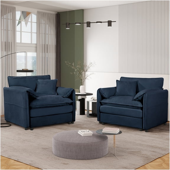 JERFIT Modern Chenille Accent Chairs, Set of 2 Oversized Armchairs with Large Seat, Plush Reading Chairs for Living Room, Bedroom, Blue