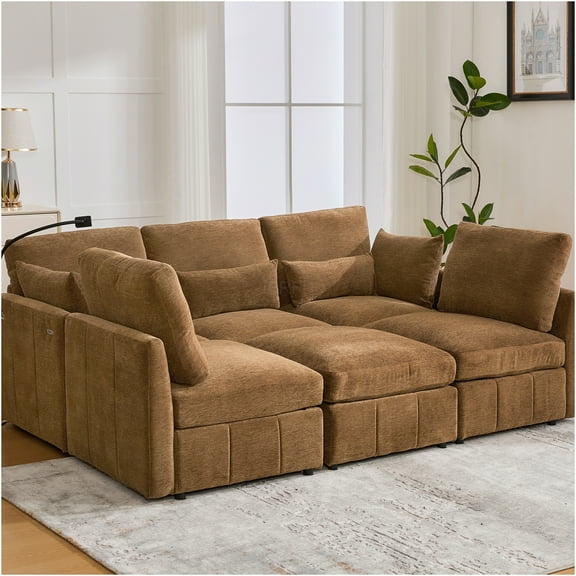 JERFIT Modern Chenille Fabric Sectional Sofa with Ottoman, Reconfigurable U Shaped or L Shaped Couch, Sofa Bed with USB Charging Ports & Phone Holder for Living Room